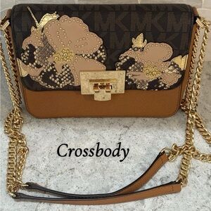 Michael Kors Floral Embellished Crossbody Bag in Brown and Gold
